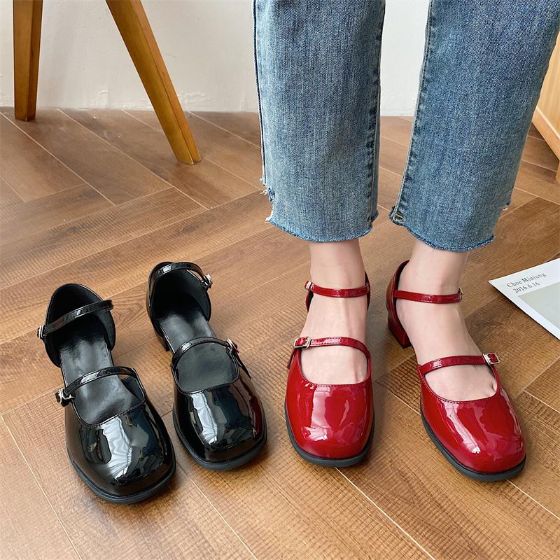 New Mary Jane Shoes Buckle High Heels Women's Thick Heel Elegant Shallow Mouth Square Toe Shoes Office Women's Leather Shoes