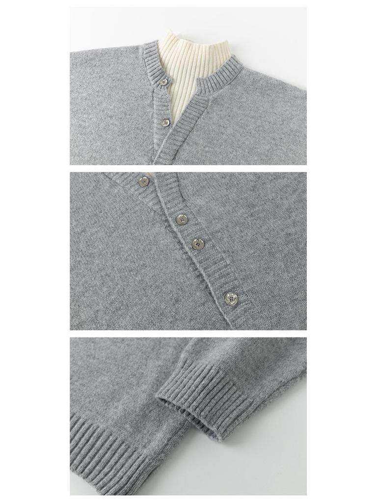 Men's Gray Korean-Style V-Neck Knitwear: Light Luxury, Fake Two-Piece Buttoned High Neck Long Sleeve Sweater Pullover.