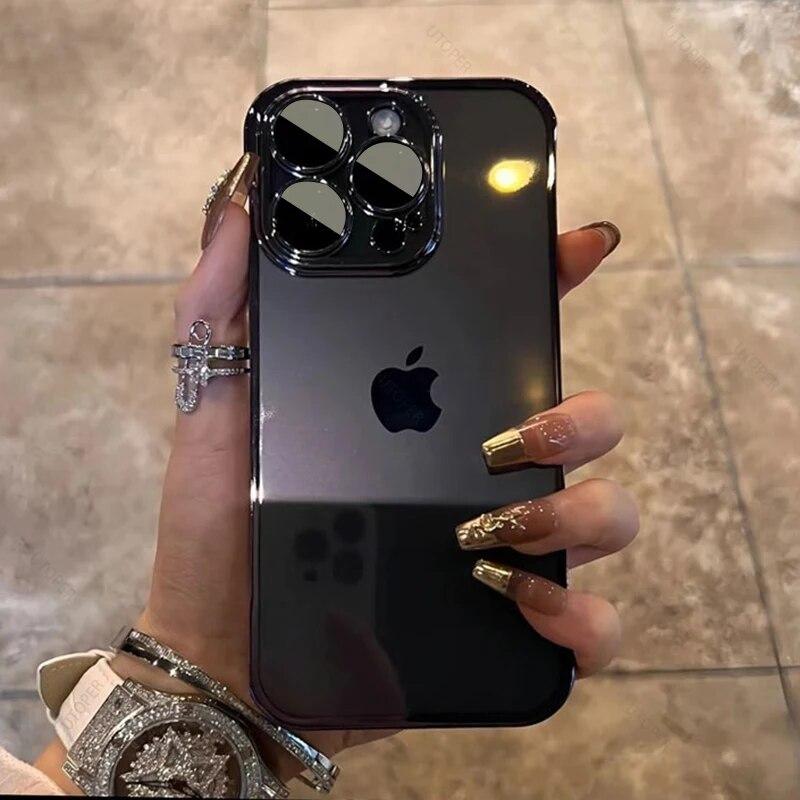Custodia Placcata con Pellicola Trasparente per Lenti per iPhone 15 11 12 13 14 Pro Max Plus Mini XS XR X Serie 15 Copertura Protettiva Antiurto