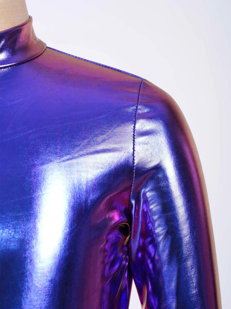 Girls Metallic Disco Jumpsuit Split Flare Legs Long Bell Sleeves Mock Neck Back Invisible Zipper Bodysuit with Matching Headband for Theme Party