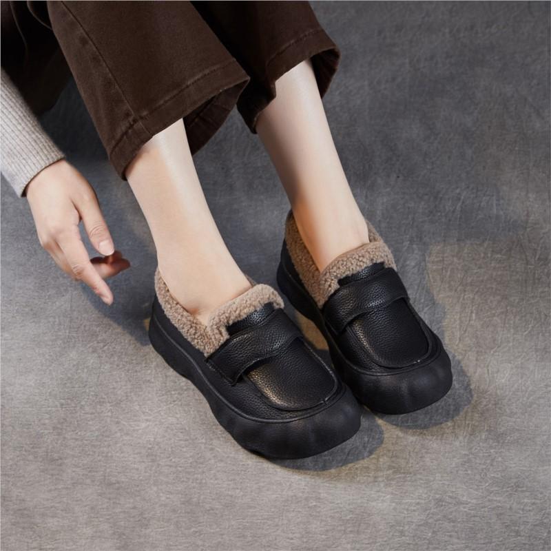 Johnature Genuine Leather Flat Slip-on Cotton Shoes Casual Soft Sole With Plush Warm Women's Loafers