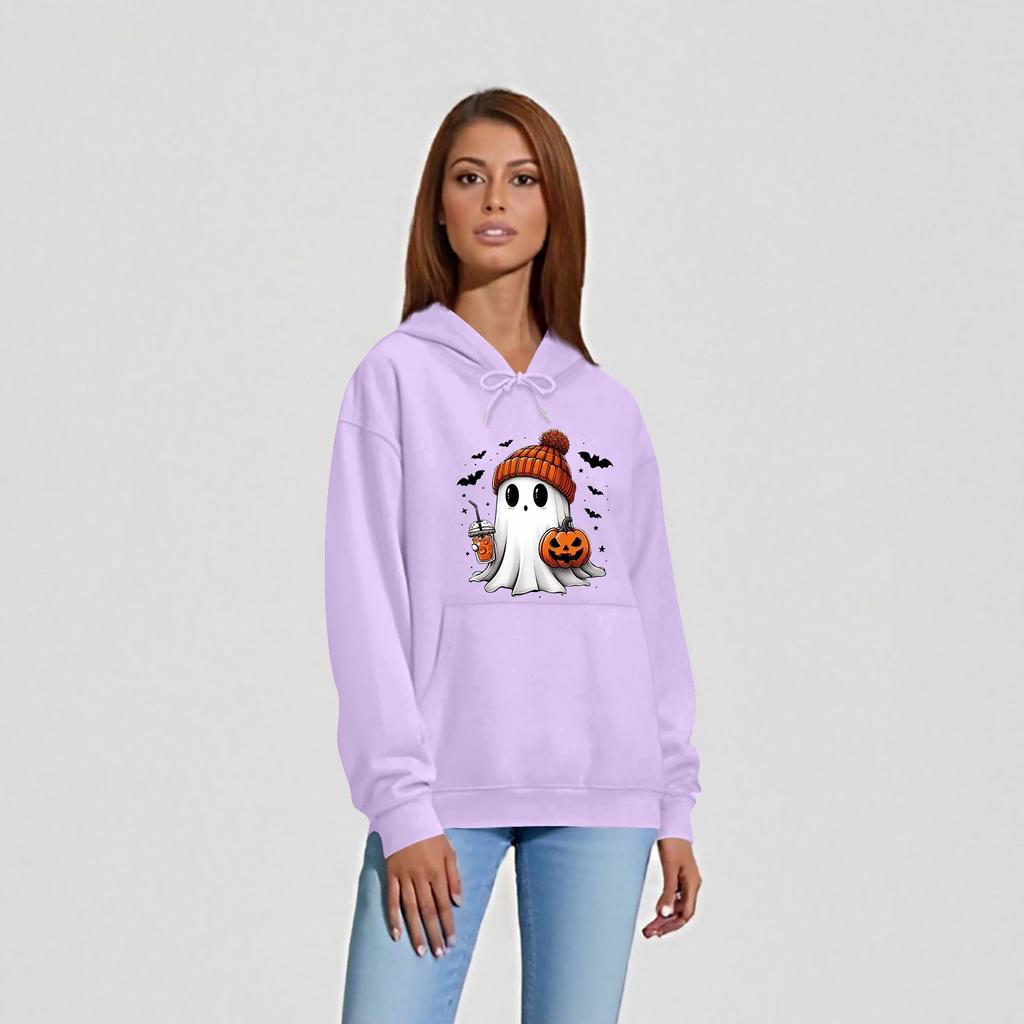 Women's O-neck Long Sleeve Halloween Printed Top Solid Color Hoodie