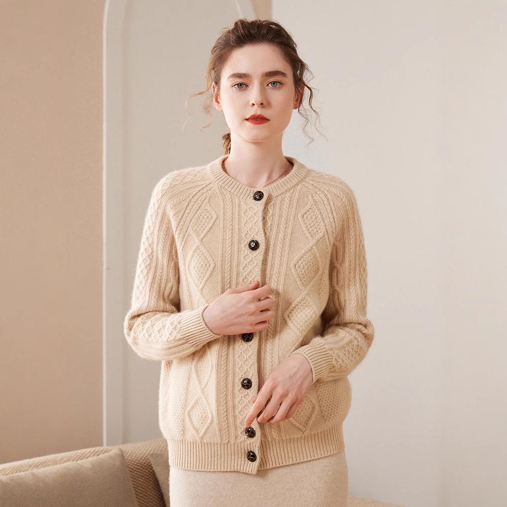 Early Autumn Women's Cashmere Knit Cardigan - Long Sleeve, Thick, Comfortable, Soft, Skin-Friendly Cable Design.