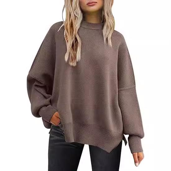 Women's Chunky Knit Loose Batwing Sweater - Autumn & Winter Round Neck, Long Sleeve, Solid Color, Side Slits, European Size, Lazy Style