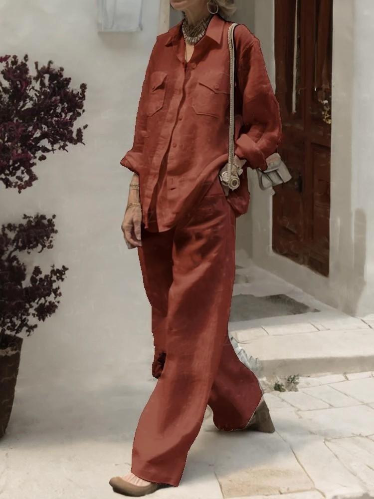 Fashion Solid Cotton Linen Shirt Set for Women Long Sleeve Blouse Top Pockets Pants Suit Female Casual Outfits