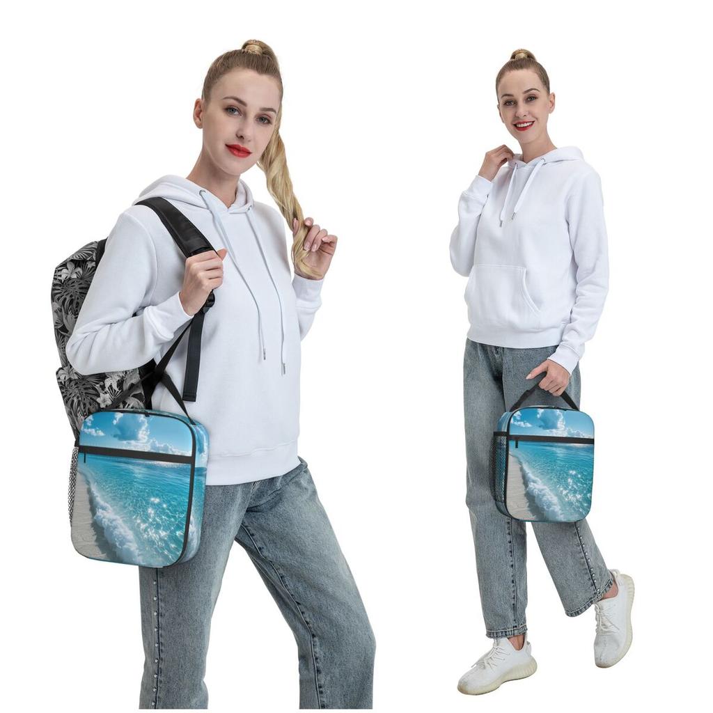 Light Blue Sea Wave Insulated Lunch Bag for Women Kids Portable Food Boxes Thermal Lunch Box Tote