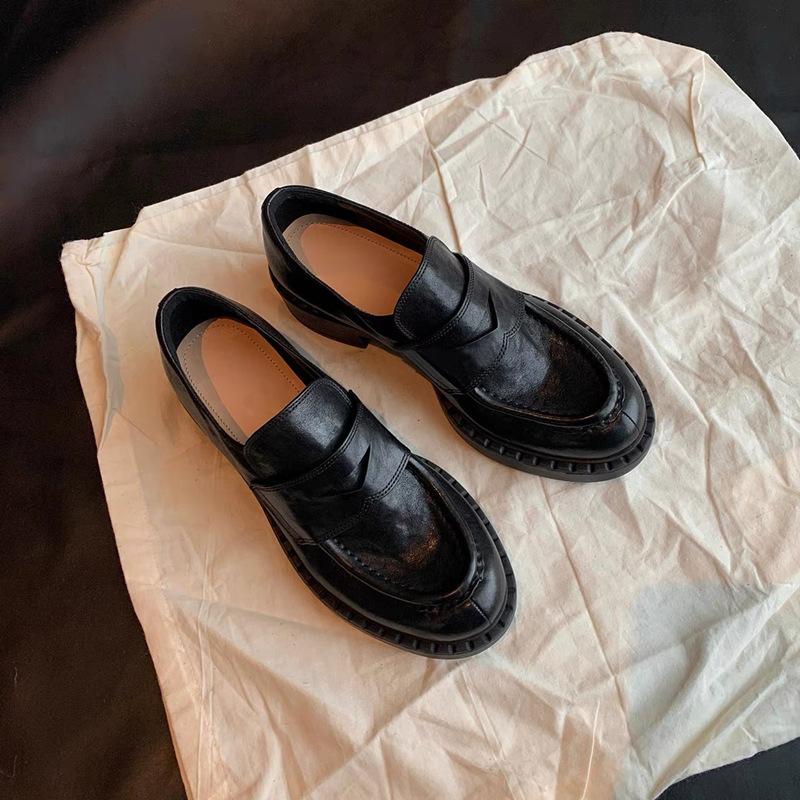 Cowhide version~ Genuine leather platform loafers women's black round head thick heel single shoes retro British lazy small leather shoes