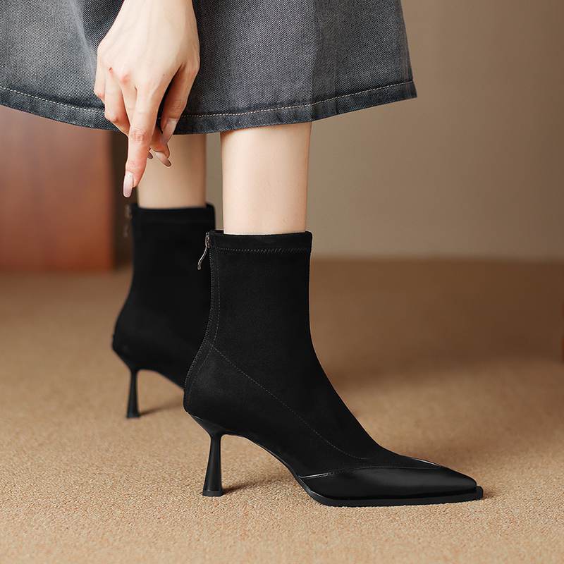 Krazing Pot Flock Autumn Winter Shoes Stiletto Thin High Heels Big Size 40 Modern Boots Pointed Toe Keep Warm Zip Ankle Boots