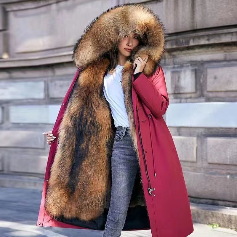 

Зимняя новая пирог преодолеть женская кожаная куртка имитация лисы енота мех интегрированная утолщенная хлопковая куртка M 80-50kg