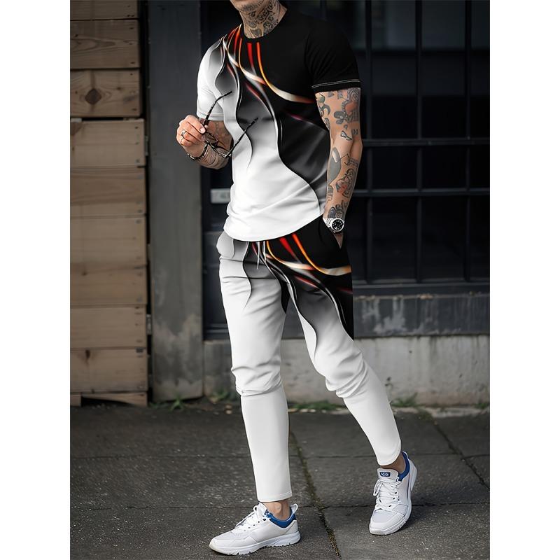 Simple Crown Casual Men's Thin Short-sleeved And Long Pants, Urban Street Casual Men's 2pieces Thin Long Pants Set