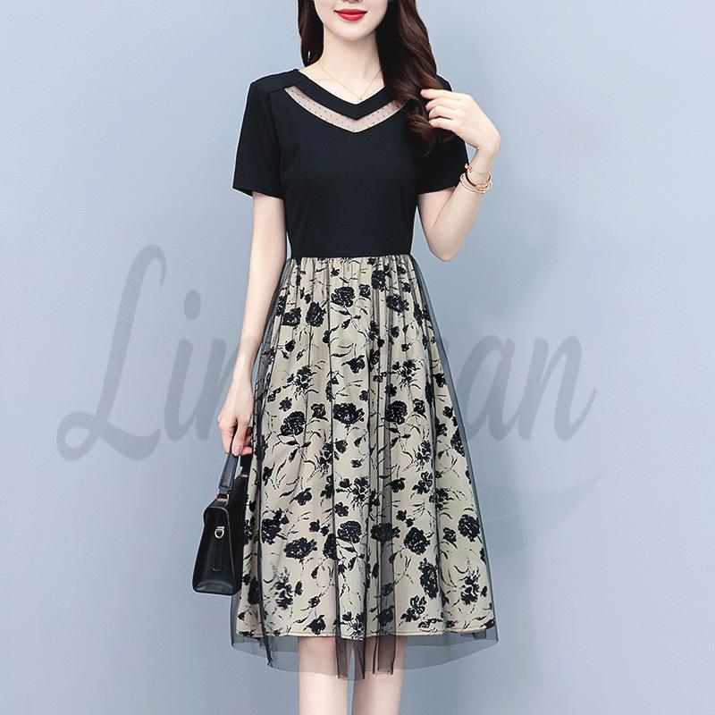 2026 Summer Plus Size Women s Mesh Embroidered Short-Sleeved Slimming Dress 4XL