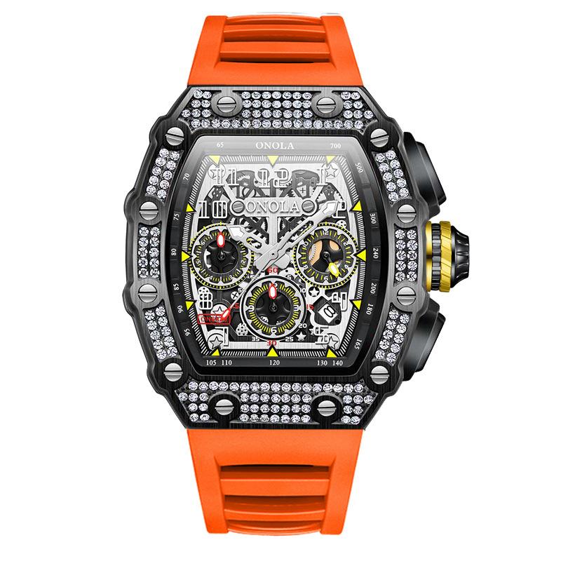 New Fashion Full Diamond Top Brand Multi-function Waterproof Quartz Men's Watch Silicone Band Sports Watch