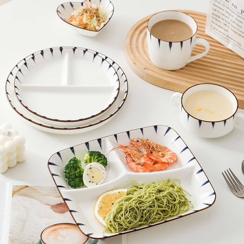Japanese creative three-grid dining household ceramic seasoning plate soup bowl vegetable plate breakfast set