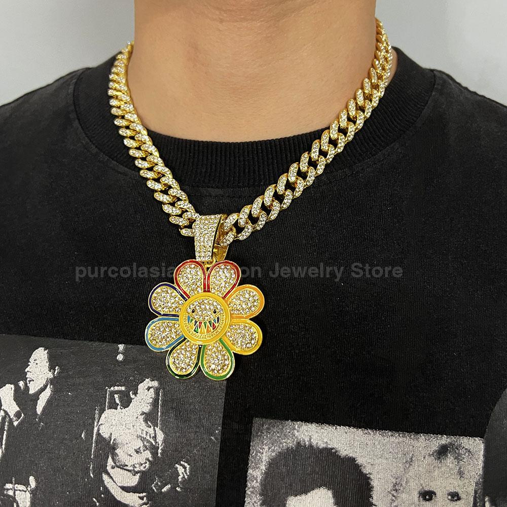 Shiny Cuban Chain Hip Hop Necklace for Men Women Colorful Sunflower Pendant Iced Out Full Rhinestones Accessories