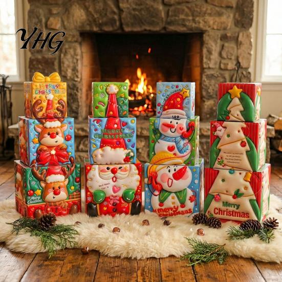 Holiday Gift Storage Containers 3Pcs Christmas Stackable Box, Layered Cube Plastic Boxes with Santa Shop Window Props Snowman Reindeer, Tabletop