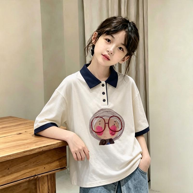 Girls' Cotton Color Block Short Sleeve Polo Shirt, Summer 2026 New Style, Medium/Large Kids' Loose Lapel T-shirt, Trendy.