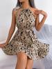 Women Casual Leopard Print Halter Ruffle Big Hem A Line Short Dress