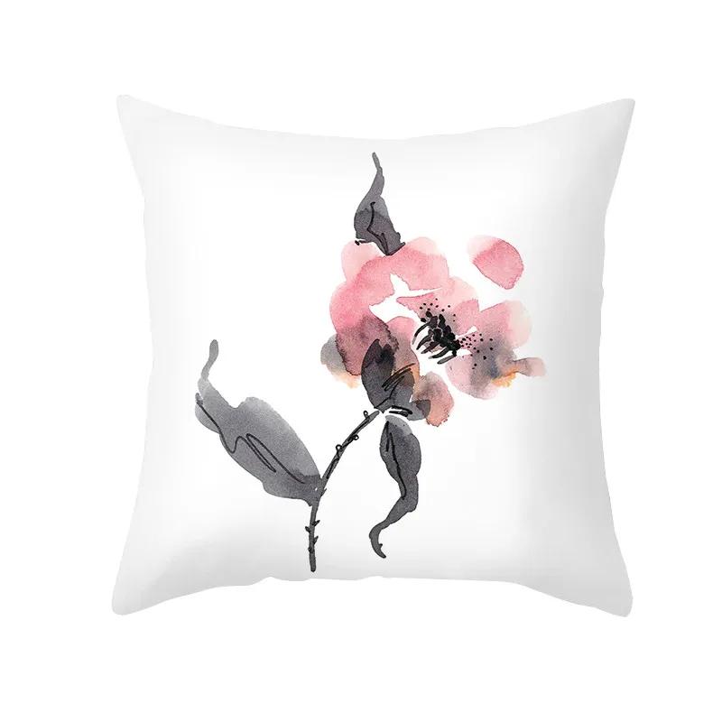 Plant Printed Pillow Pattern White Cushion Cover for Home Living Room Sofa Decoration Polyester