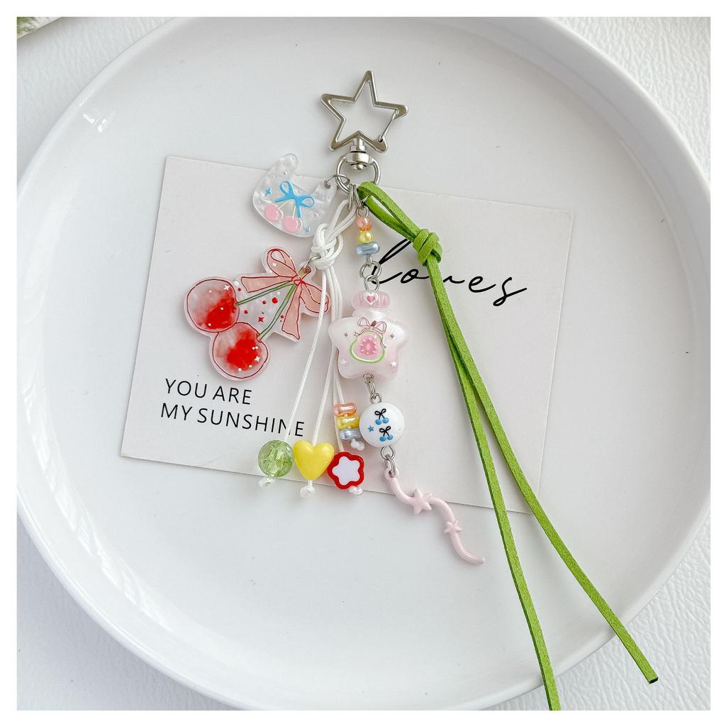 Cute Cherry Fruit Acrylic For Women Hollow Star Pink Star Peach Pendant Mixed Bead Green Suede Ribbon Bag Accessories Bag Charm