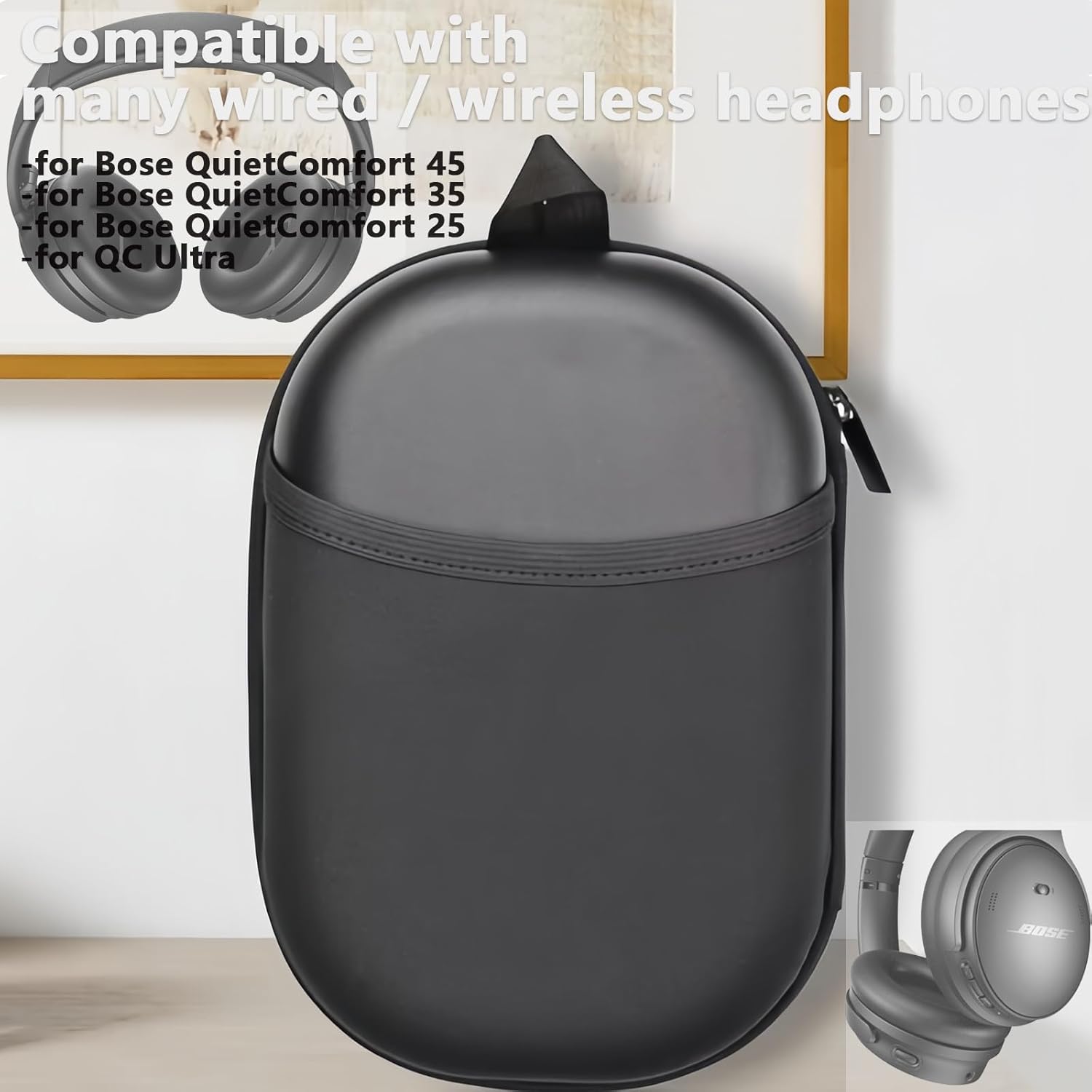 Headphones Case for Bose QC45/QC35/QC25/QC15/Ultra Gaming Headset, QC25, PU Hard Shell Travel Carrying Case Bag with Cable Storage for Bose QC45 II,