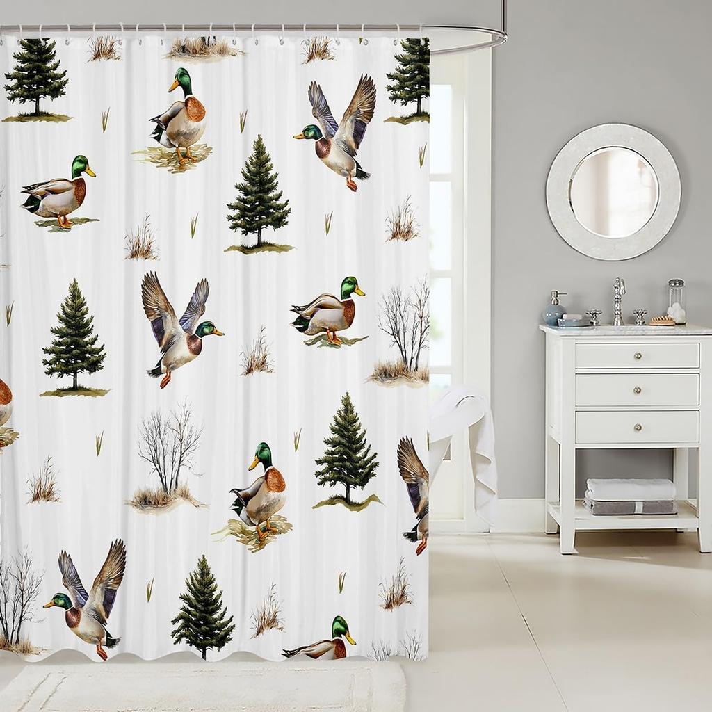 Erosebridal Mallard Duck Hunting Shower Curtain,Woodland Tree Branches Bathroom Shower Curtain Sets,Flying Duck Wildlife Safari