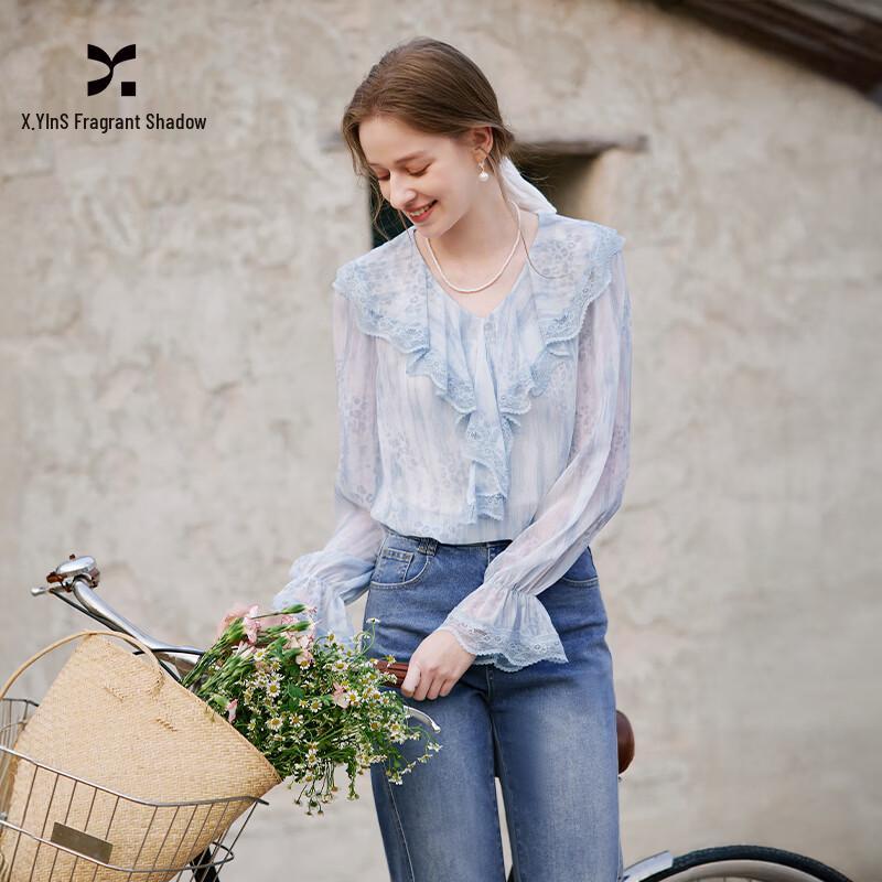 Women s Blue Leopard Print Ruffle V-Neck Blouse XL