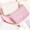 Sequined Cosmetic Bag Girls Stylish Glittery Clutch Makeup Bag with Faux Pearl Bow Zipper Puller Portable Travel Toiletry Organizer for