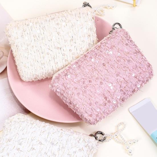 Sequined Cosmetic Bag Girls Stylish Glittery Clutch Makeup Bag with Faux Pearl Bow Zipper Puller Portable Travel Toiletry Organizer for