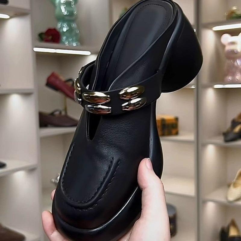 Fashion Round Heel Platform Baotou Half Drag Women Fashion Outside Wear Round Toe Deep Mouth Metal Buckle High Heels