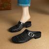 Fashion 2025 New Summer Women Mules Leather Women Shoes Round Toe Chunky Heel Microfiber Weave Sandals Cover Toe Women Slippers