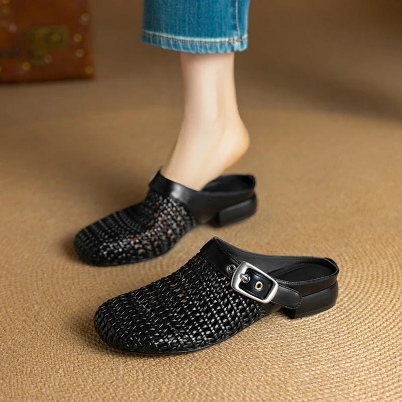 Fashion 2025 New Summer Women Mules Leather Women Shoes Round Toe Chunky Heel Microfiber Weave Sandals Cover Toe Women Slippers