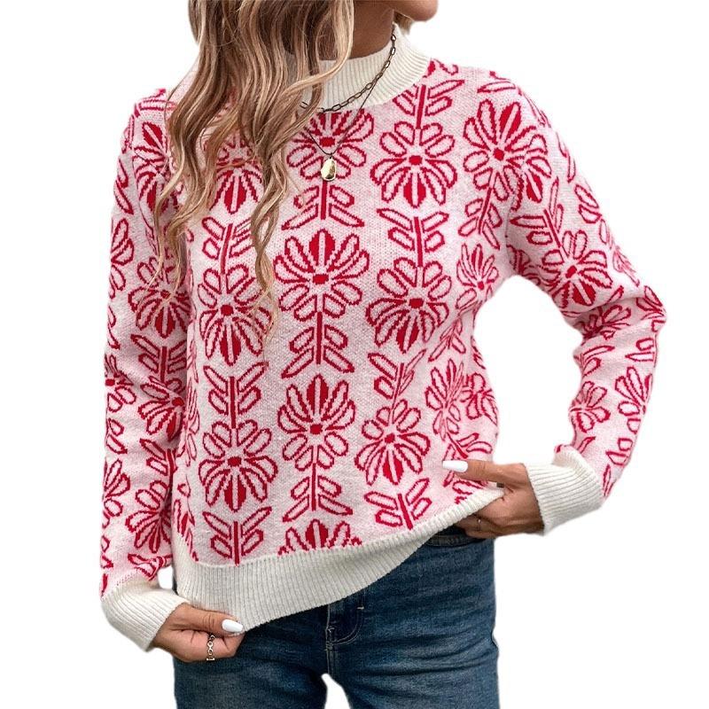 Valentine's Day Christmas Semi-turtleneck Knitted Sweater Autumn and Winter European and American Flowers Jacquard Pink Sweater Women