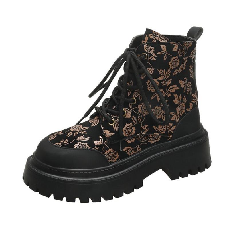 SyfIyno autumn and winter new printed fashion women's boots with lace up round toe thick soled short boots plus size 35-42