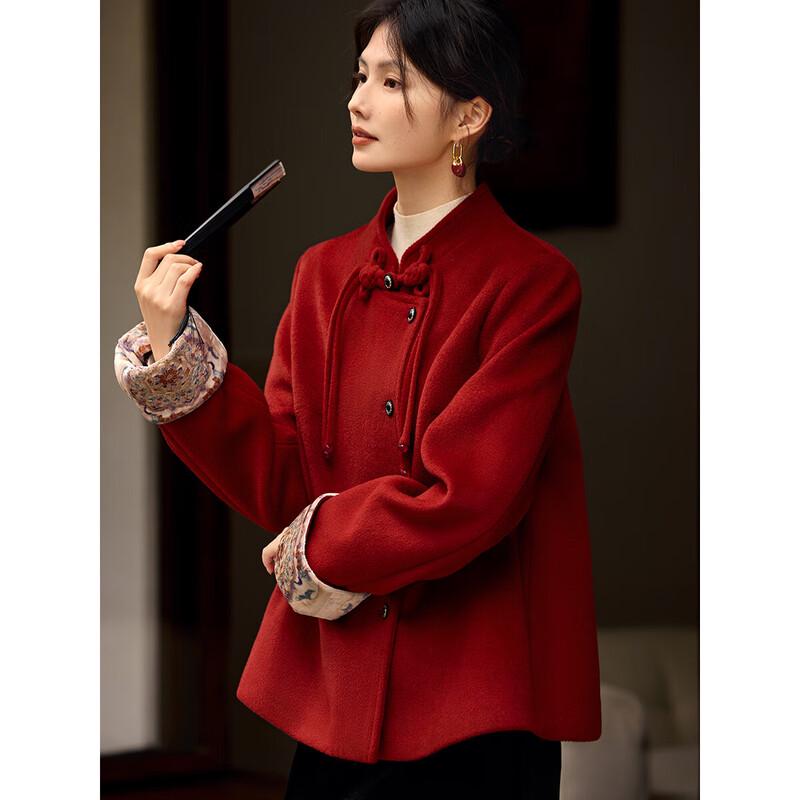 XWI Women's New Chinese Style Velvet Trim Wool Coat