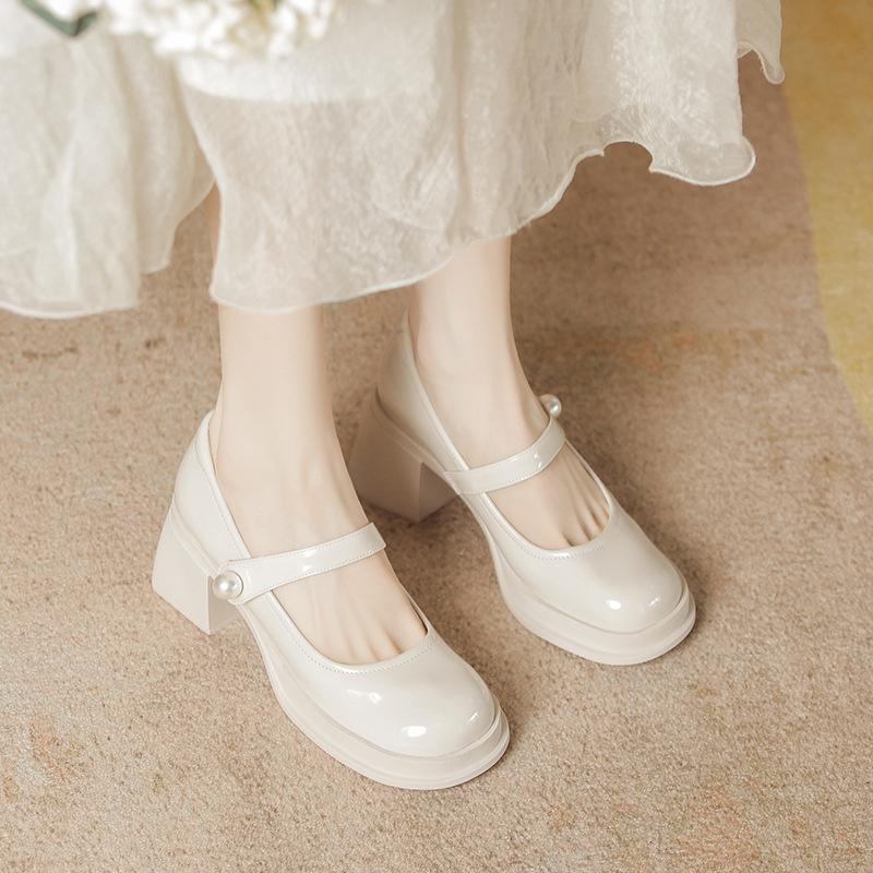 Mary Jane High Heels with Pearl Square Head Patent Leather Temperament Thick Heel Platform Single Shoes