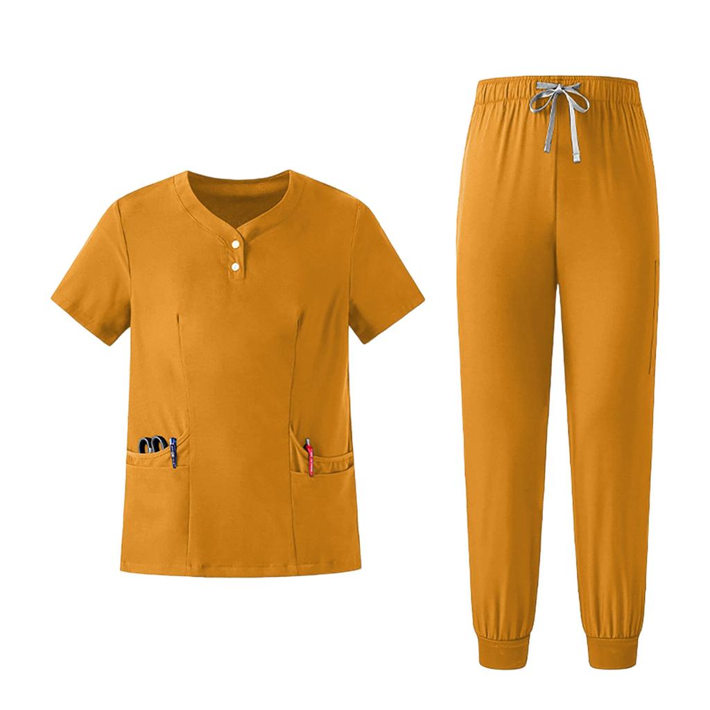 Women's Uniform Set Quick-Dry Color Short Sleeve Top and Pant with Pockets for Nurses and Caregivers