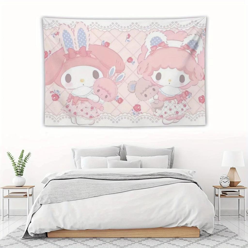 Sanrio My Melody Tapestry Sweet Piano Print Cute Cartoon Wall Hanging Aesthetic Bedroom Decor for Dorm Home Decoration