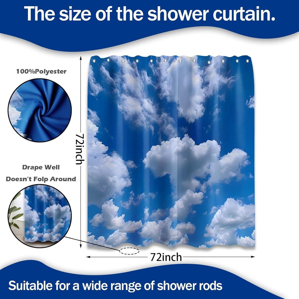 Blue Sky Shower Curtain White Clouds Nature Scenic Landscape Bathroom Decor, Waterproof Cloth Fabric with Hooks, 72x72 inch