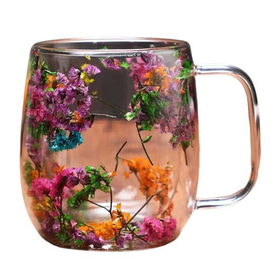 Double-Wall Glass Mug 350ml Heat-Resistant Flower Coffee Tea Cup Insulated Cup for Hot Cold