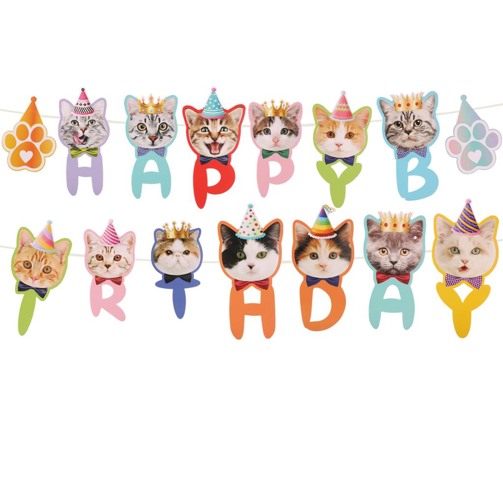 Pet Cats Theme Happy Birthday Party Decoration Bunting Banner Pull Wall Flags Garland for Cat Birthday Decoration Supplies