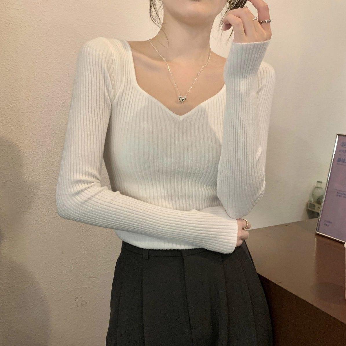 

Женский вязаный свитер с V-образным вырезом, облегающего кроя, с длинным рукавом, простой, модный и стильный для весны и осени One Size