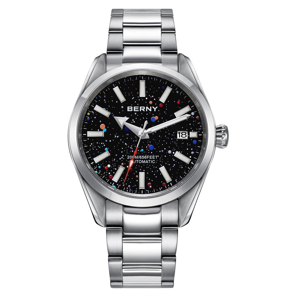 BERNY Automatic Watch for 200M Waterproof Super Luminous Mechanical Full Stainless Analog Sapphire Calendar Included Men, Men's Watch, Silver, Watch,