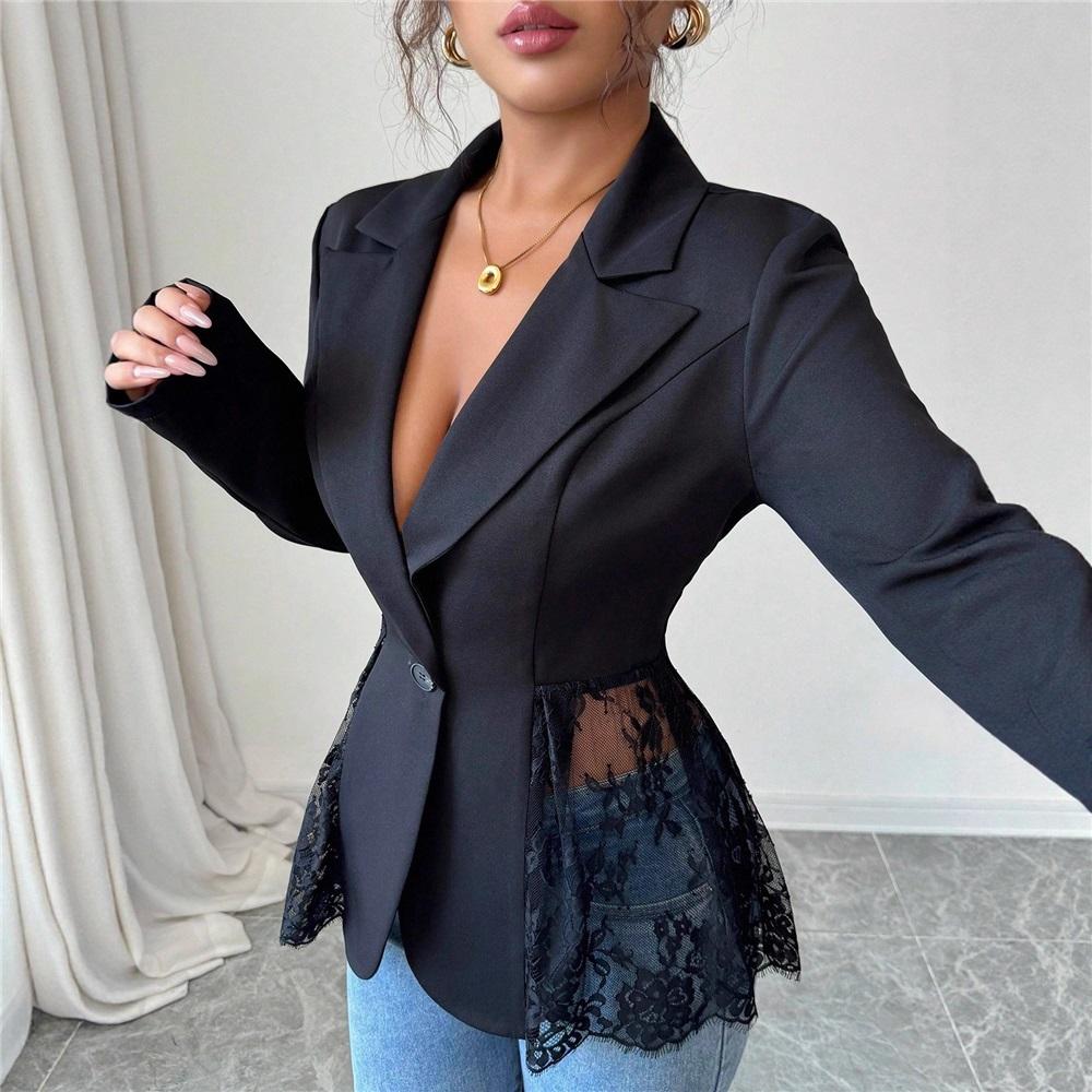 Blazer Donna alla Moda Primavera Estate Colore a Contrasto Pizzo in Vita Slim Linea ad A