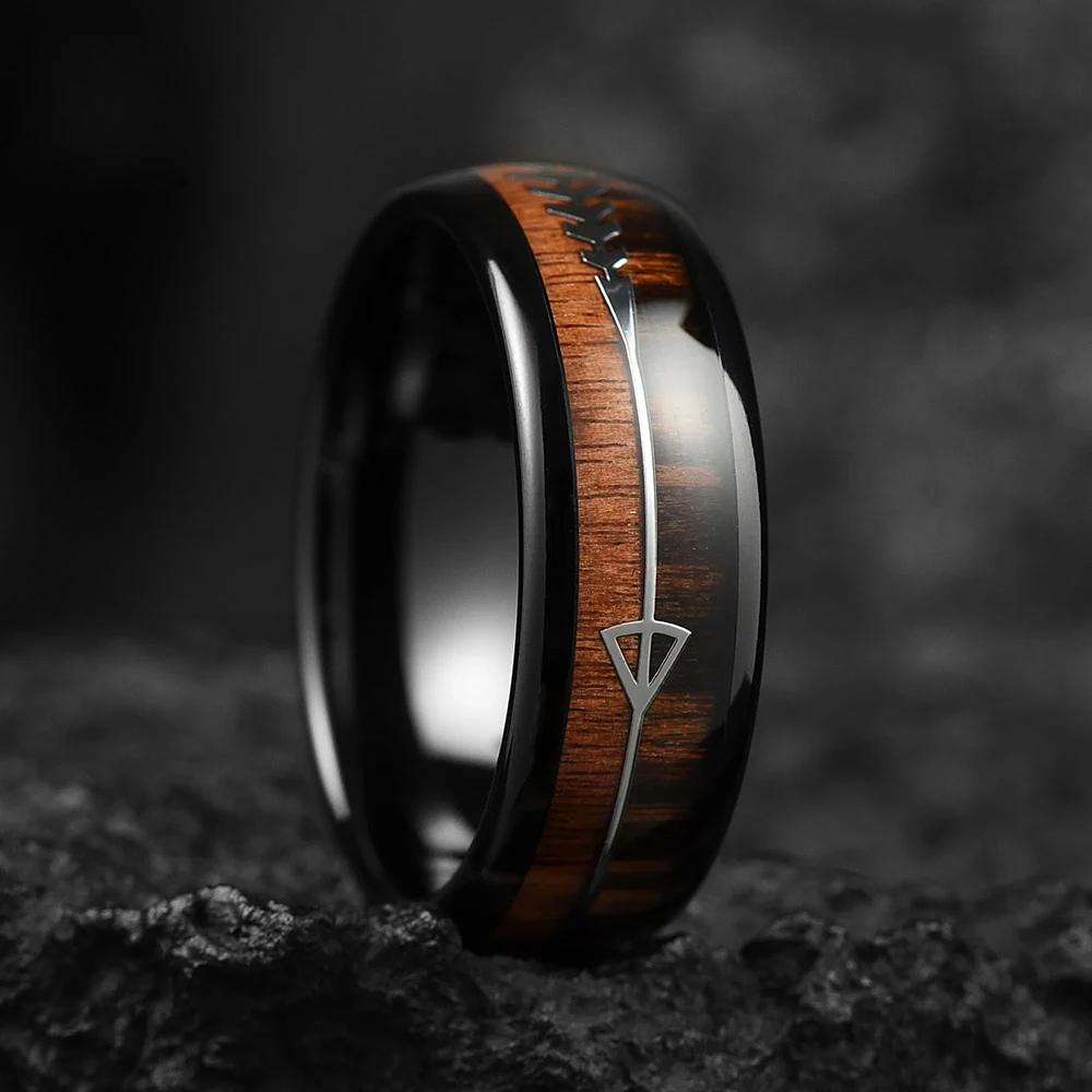 8MM Men's Koa Wood Inlay Stainless Steel Ring Unique Silver Arrow Steel Rings For Gift Luxury Party Wedding Band Jewelry Gift