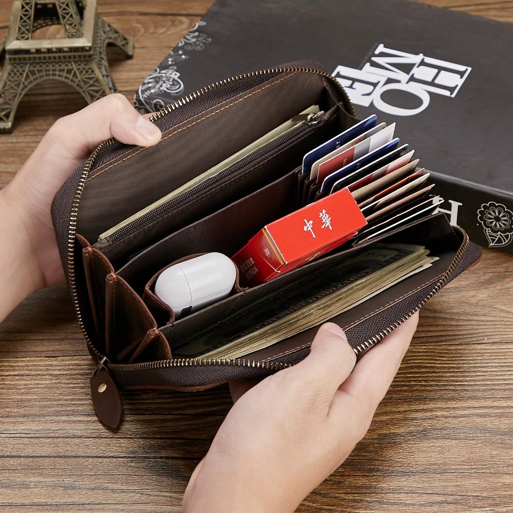 Men Genuine Crazy Horse Leather Long Wallet Vintage Zippered Phone Pocket Multi Compartment High Capacity Organizer Clutch Bag