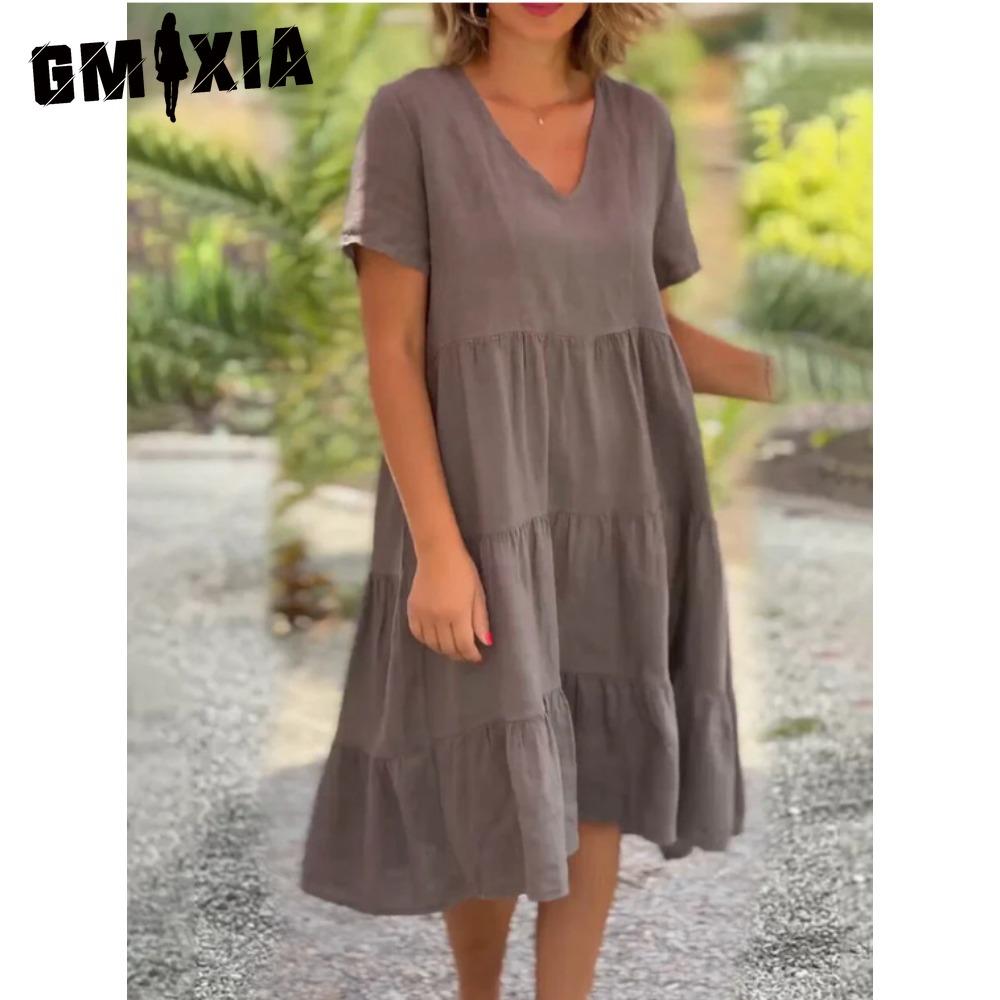 

GMXIA Женская мода Лето Весна Свежие и милые однотонные принты с коротким рукавом V-образным вырезом Большие свободные повседневные платья XXXL коричневый