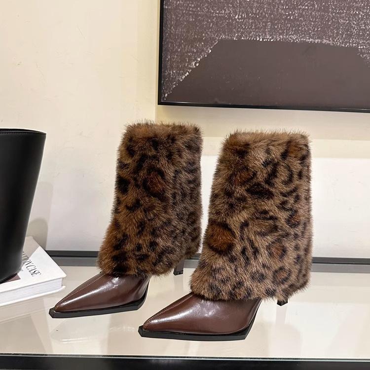 Fashion Comemore Autumn Winter Pointed Sexy Leopard Print Fur Boots for Women Padded Warm Temperament High-heeled Short Bota Feminina