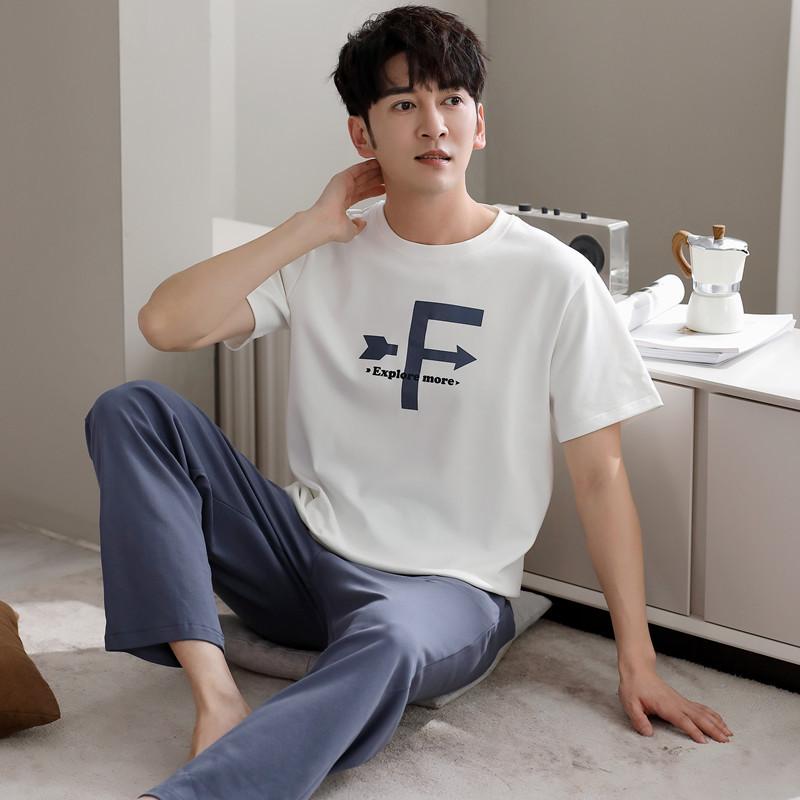 Blue Color Men's Cotton Pajamas Set for Summer Short Sleeves Sleeping Top Long Pant Nightwear Young Boy Home Clothes