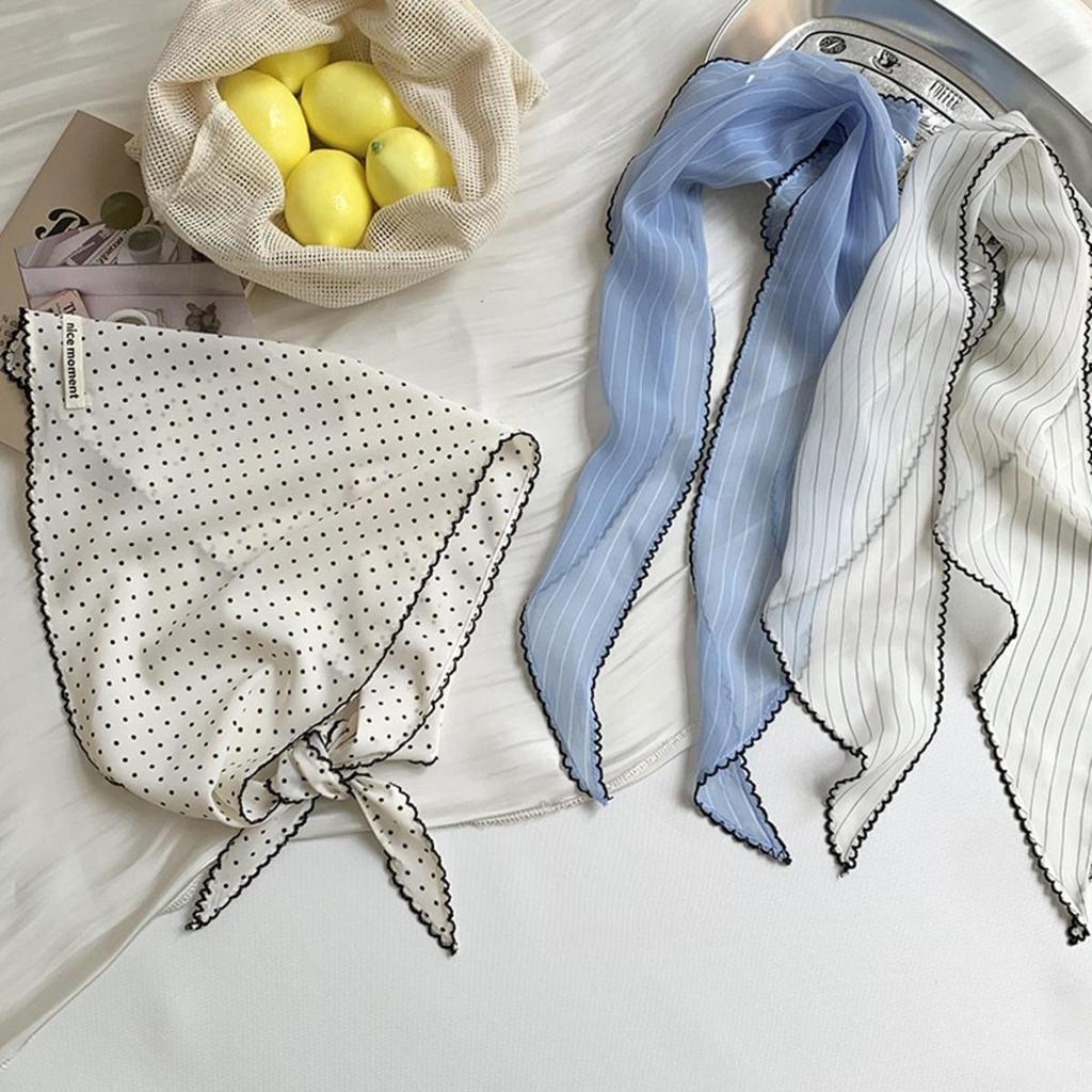 Summer  Polka Dot Striped Triangular Scarf for Women Fashionable Smple Thin Neck Scarf Tied Hair Scarves Decoration