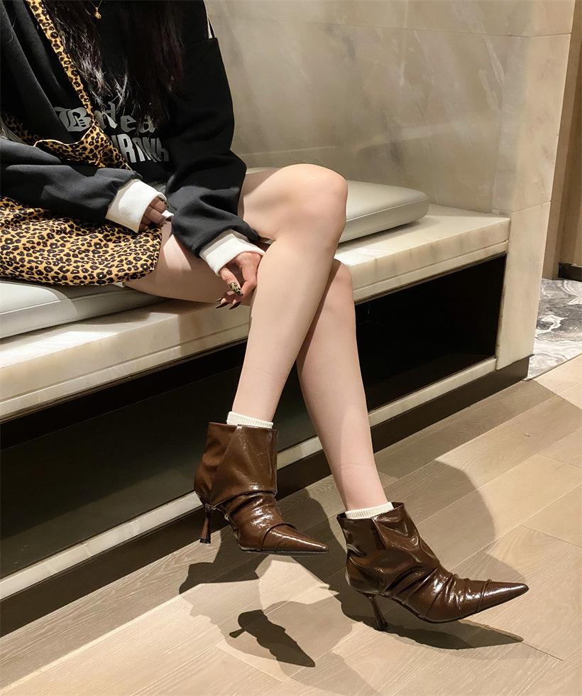 

Design Sense Spice Girl Wedge Pants Boots Autumn and Winter New Pointed Single Boots Medium Heel Fashion Boots Temperament Fashion Short Boots 40 коричневый